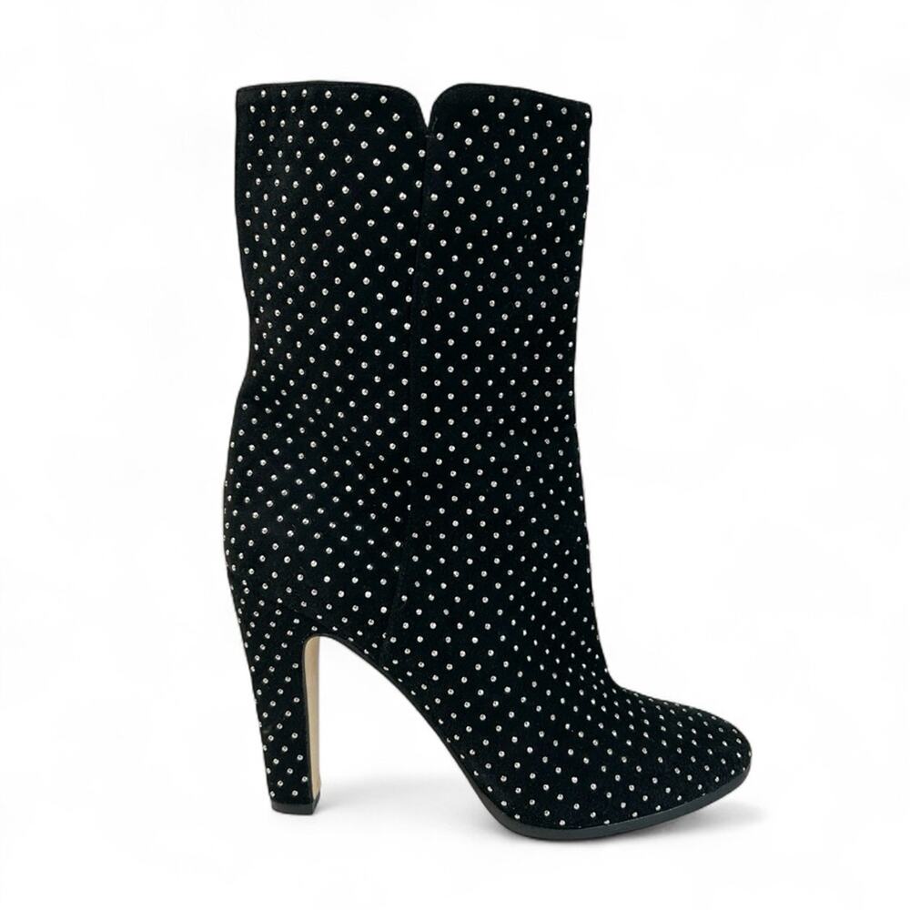 JIMMY CHOO Tari Black Suede Studded Mid Calf High Heel Boots
